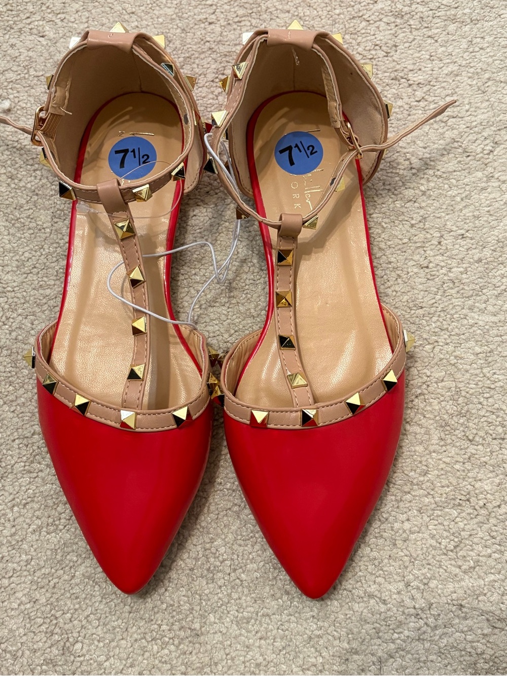 Studded Pointed-Toe Ankle-Strap Flats - Red